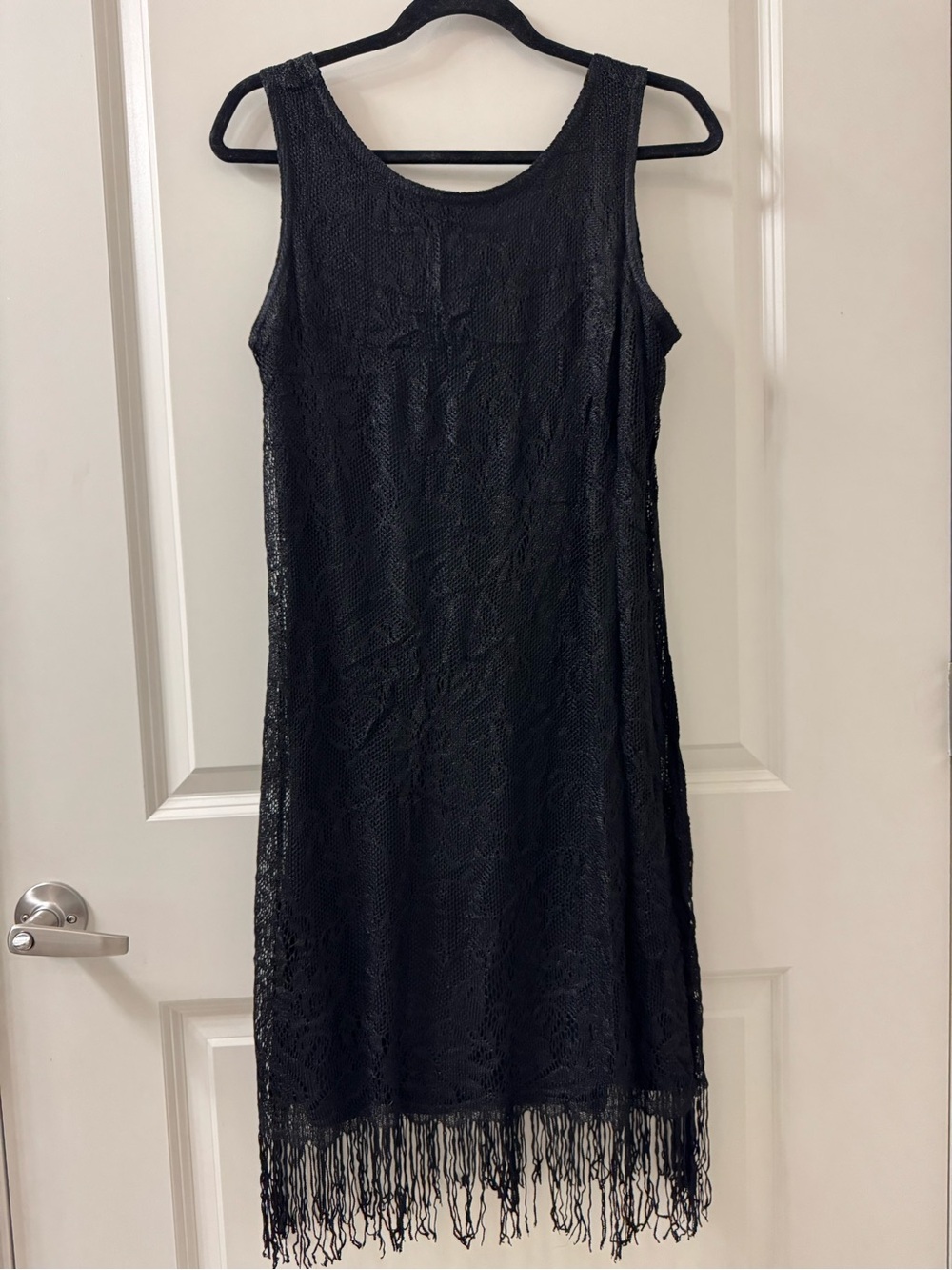 Harlow Womens 8 Shift Dress Black Lace Fringe Hem Sleeveless V-Back Vintage USA
